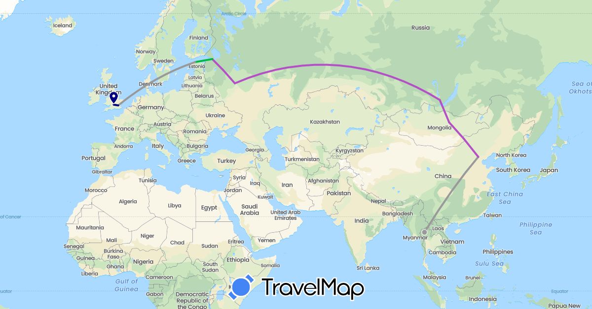 TravelMap itinerary: driving, bus, plane, train in China, Estonia, United Kingdom, Mongolia, Russia, Thailand (Asia, Europe)